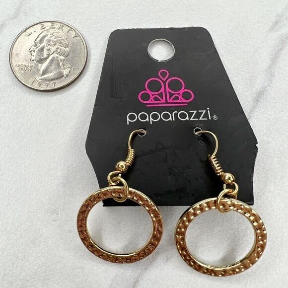 Paparazzi Hammered Metal Hoop Gold Tone Dangle Earrings Pierced Pair - Picture 2 of 12